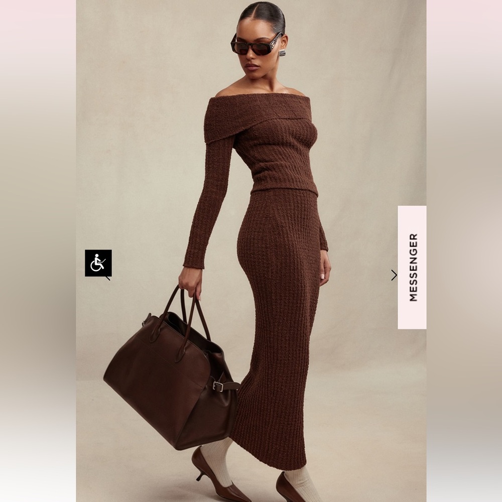 House of CB Brown “Saffron” Off Shoulder Knit Top and “Sloane” Skirt Set Small S